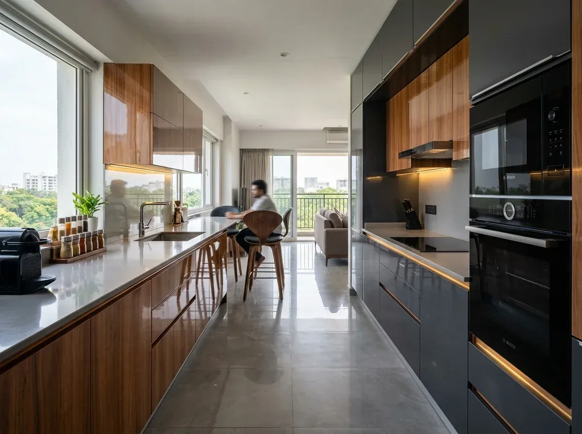 Parallel High-Gloss Kitchen with Breakfast Bar