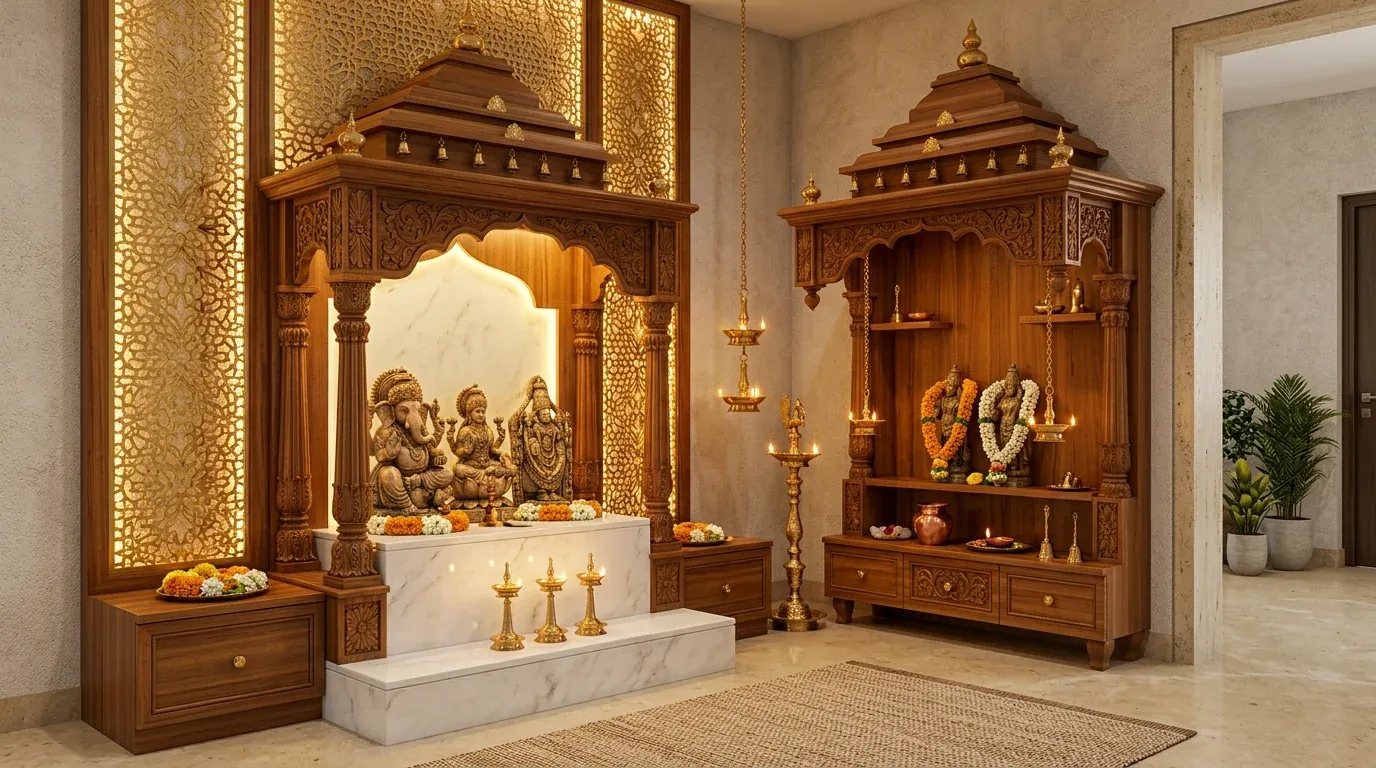Pooja unit and foyer design finishes