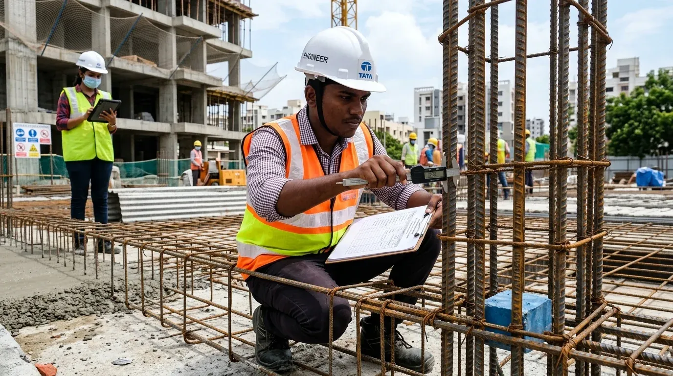Civil engineer conducting structural quality audit on TMT rebar reinforcement