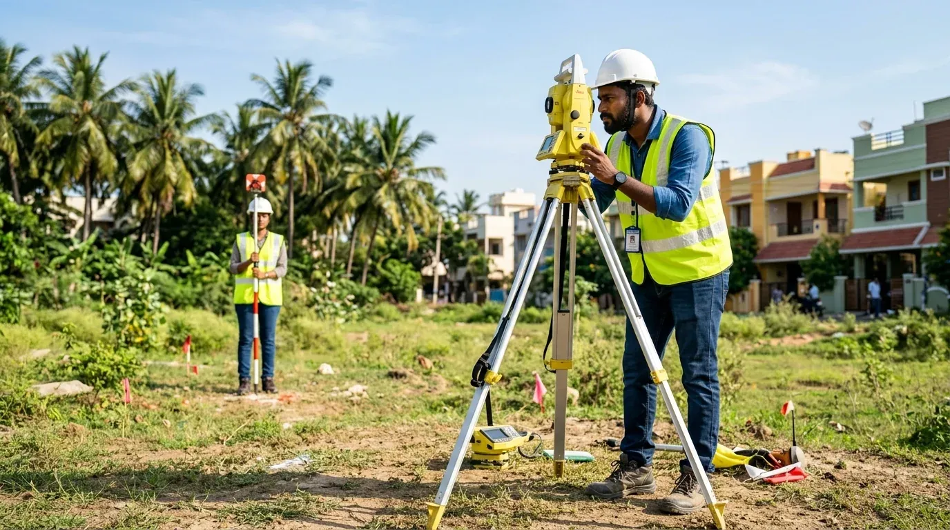 Site engineer surveying a residential plot