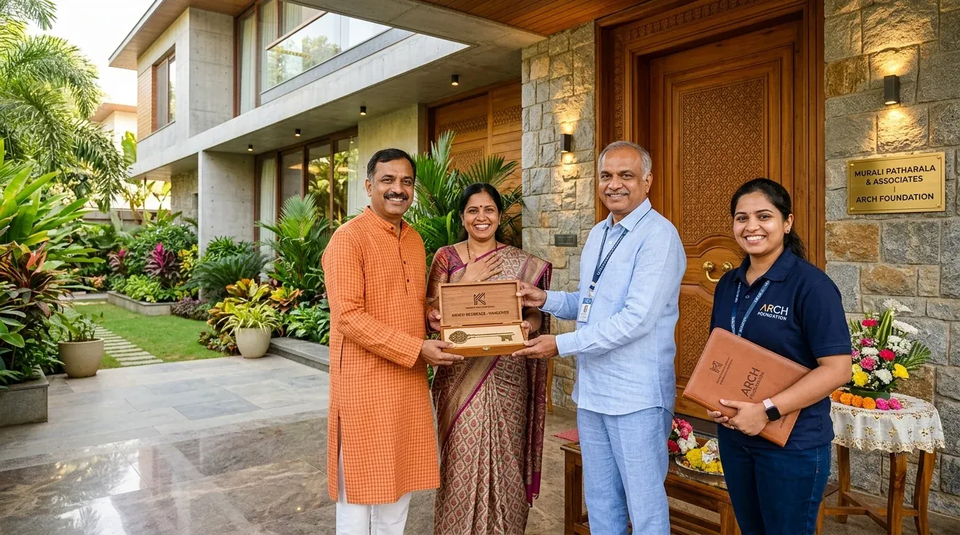 Celebratory key handover milestone ceremony with happy homeowners